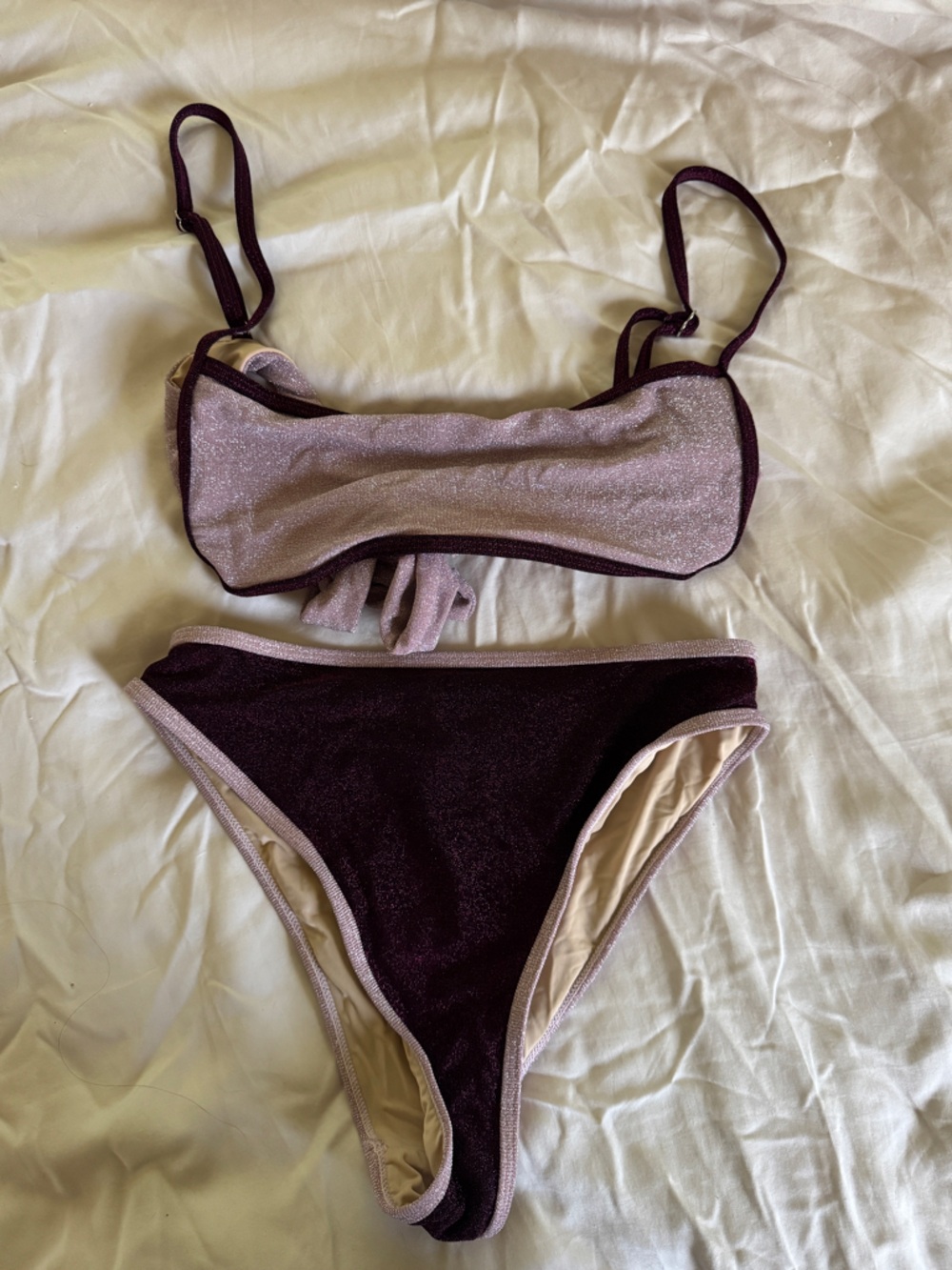 Burgundy bikini set with adjustable straps and tie string on back size small